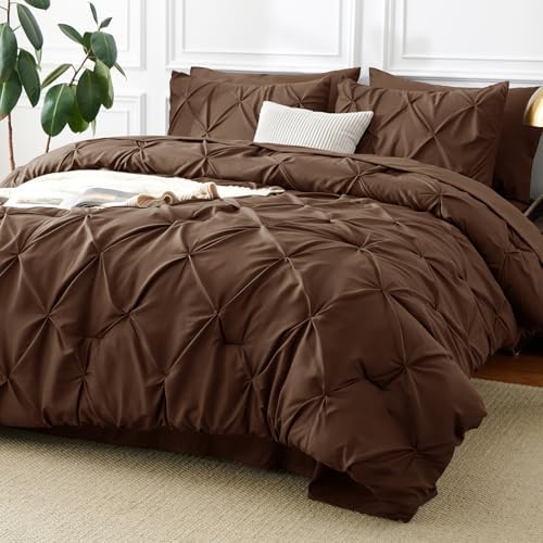 CozyLux King Size Comforter Set Brown, 7 Pieces Pintuck Bed in a Bag by CozyLux