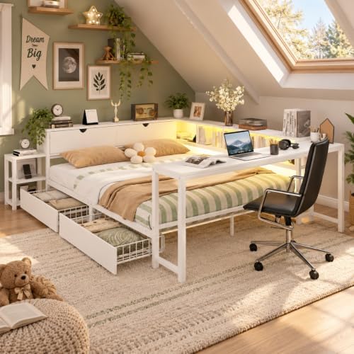 Queen Corner Bed Frame with 2 Storage Drawers, Bookcase & Desk by MoproBeti