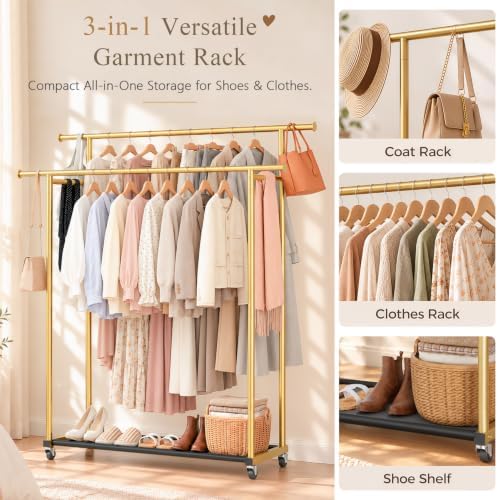 Double Rod Clothing Rack on Wheels, Holds 150 Garments - Image 4