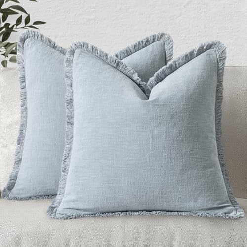 MIULEE Boho Linen Fringe Decorative Throw Pillow Covers Sky Blue 20x20 by MIULEE