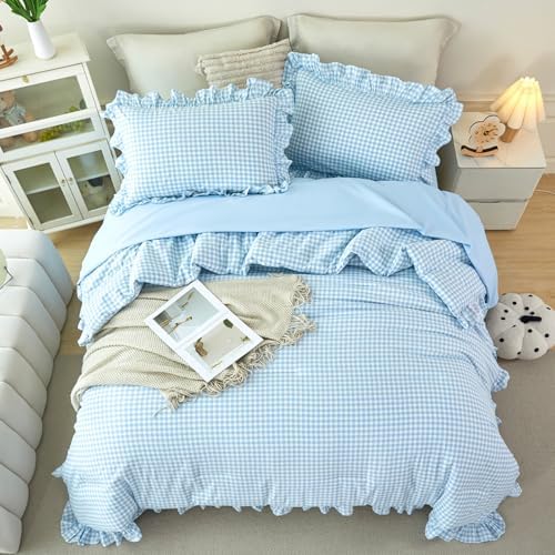 Queen Gingham Comforter Set 5 Pcs Blue Plaid Ruffle Bedding Set - Image 3