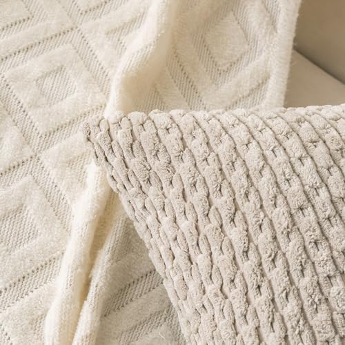 Set of 4 Navy White Taupe Decorative Throw Pillow Covers 16x16 Inch Corduroy - Image 6