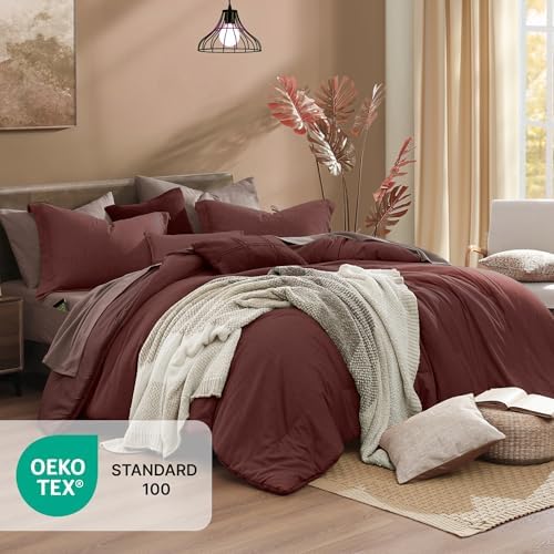 Monbix Queen Comforter Set 7 Pieces Cationic Dyeing Dark Red Bed in a Bag - Image 5