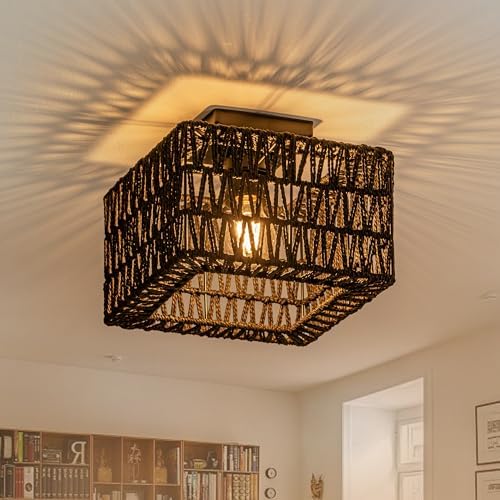 Rpzloila Rattan Ceiling Light, Square Flush Mount Ceiling Light - Image 2