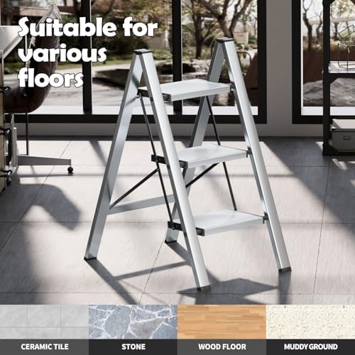 Taranta 3 Step Stool Foldable, Aluminum Step Ladder-Sliver - Image 7