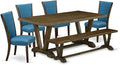 East West Furniture V777VE721-6 6 Piece Dining Table Set Contains a Rectangle Dining Room Table with V-Legs and 4 Blue Color Linen Fabric Parson Chairs with a Bench, 40x72 Inch, Multi-Color