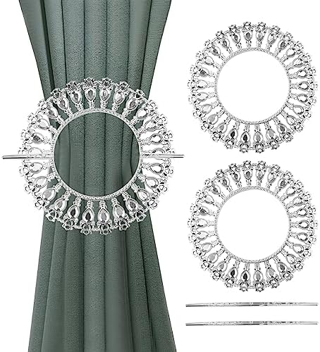 2 Pack Shiny Silver Curtain Tiebacks Round Holdbacks, 26 Crystals by Mewutal