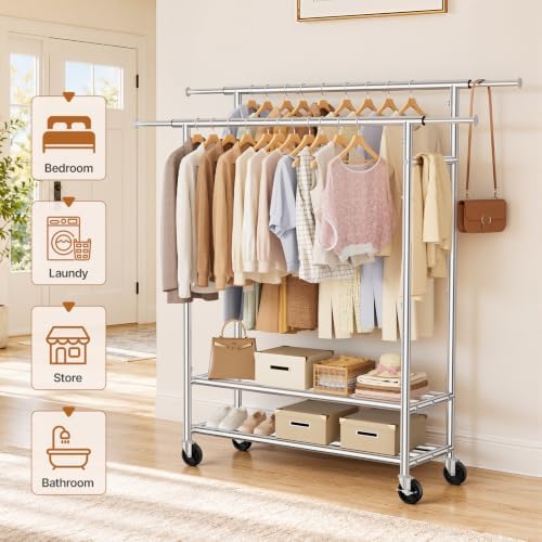 Heavy Duty Clothes Rack, Double Rod Garment Storage Organizer - Image 6