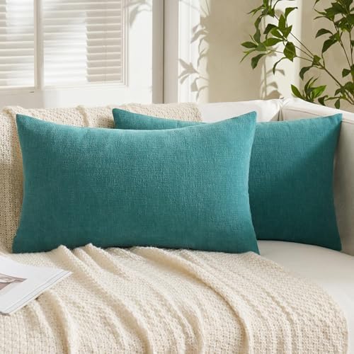 MIULEE Teal Chenille Couch Lumbar Throw Pillow Covers - Image 3