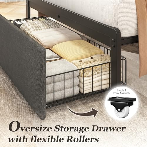 Twin Bed Frame with Storage Drawer, Upholstered Headboard Button Tufted Bed - Image 4