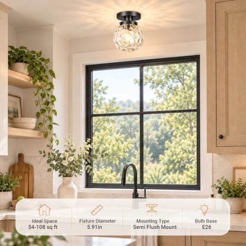 Small Semi Flush Mount Ceiling Light Fixtures, Vintage Globe Hammered Clear - Image 2