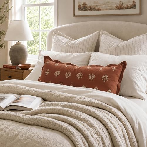 BlissBlush Decorative Long Pillow Cover 14x36 Terracotta Floral Embroidery - Image 3