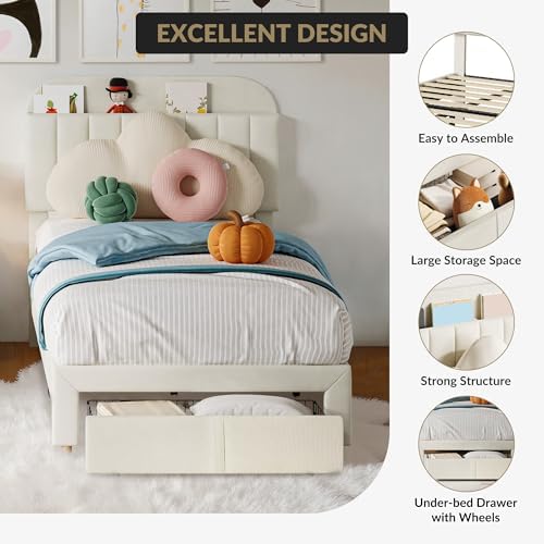 Beige Twin Kids Upholstered Platform Bed - Image 6