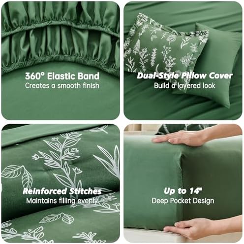 MUXHOMO Queen Comforter Set, 7-Piece Floral Bed in a Bag, Dark Green - Image 6