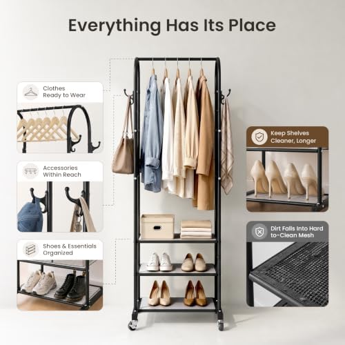 Cesun Small Clothes Rack with 3-Tier Mesh Shelves & 8 Hooks - Image 4