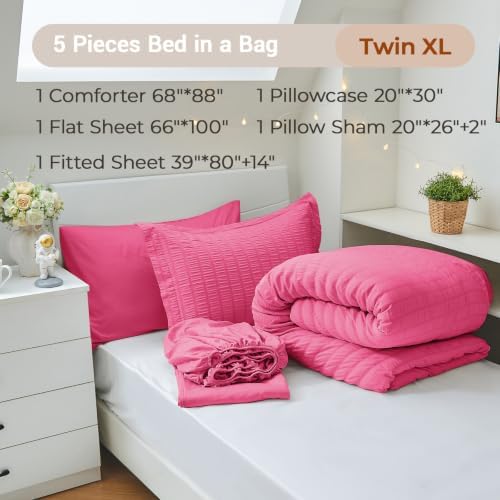 MUXHOMO Twin XL Comforter Set 5 Pieces, Seersucker Bed in a Bag, Hot Pink - Image 4