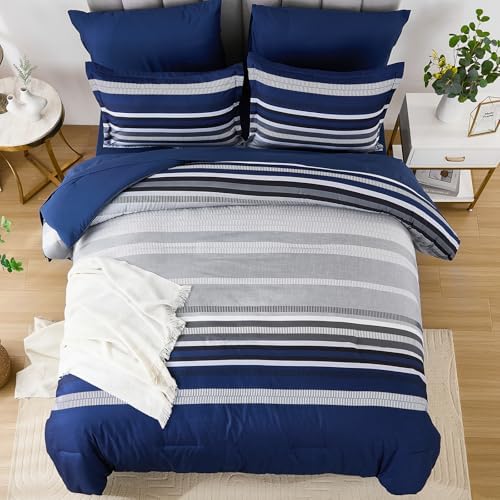 Dobuyly Navy Blue Queen Comforter Set 7 Pieces, Boho Striped Bed in a Bag Queen - Image 3