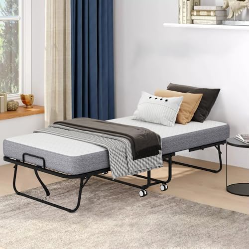 Deluxe Folding Bed with 5" Memory Mattress, Roll Away Foldable Beds on Wheels - Image 2
