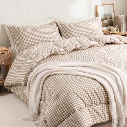 King Comforter Set, Fluffy Tan Gingham Plaid Bedding, 3 Pieces by SunNewt