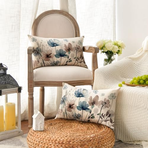 AVOIN colorlife Poppy Flowers Blue Brown Pillow Covers 12x20 Inch Set of 2 - Image 2