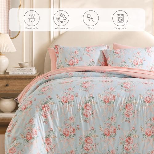 BLOOMHAVEN Queen Comforter Set-7 Pieces Blue Floral Bed in a Bag Queen - Image 6