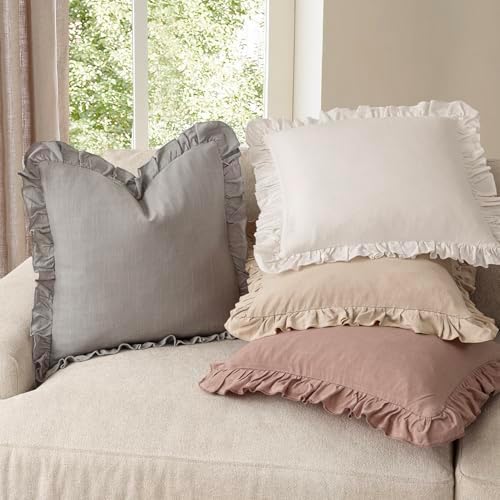 Foindtower Linen Fringe Ruffle Throw Pillow Covers 20×20 Inch Taupe Gray - Image 6
