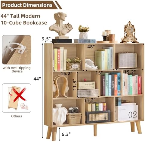 LEYAOYAO 10 Cube Bookshelf, Mid-Century Modern Bookcase - Image 2