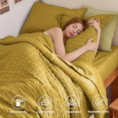 Twin Comforter Set 5PCS Bed in a Bag, Seersucker Bedding Set Mustard Yellow - Image 2