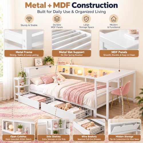 Twin Corner Bed with Desk and Storage, LED Corner Bed Frame Twin - Image 5