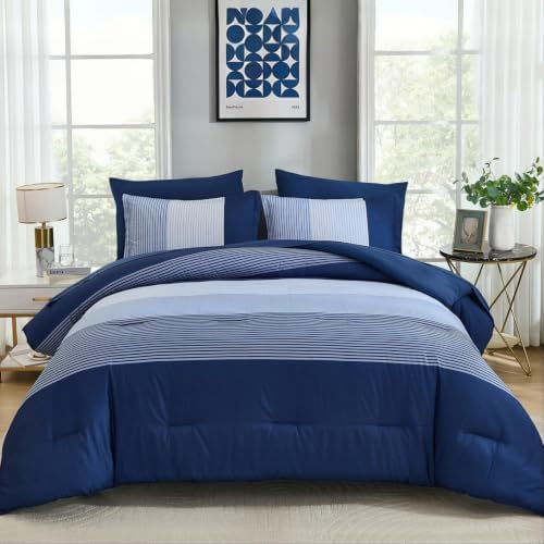 Navy Blue King Size Comforter Set, 7 Pieces Boho Striped Bed in a Bag - Image 2