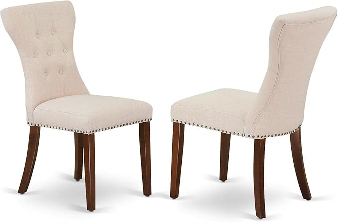 East West Furniture DLGA3-MAH-32 3 Piece Modern Dining Table Set Contains a Round Wooden Table with Dropleaf and 2 Light Beige Linen Fabric Parsons Dining Chairs, 42x42 Inch, Mahogany
