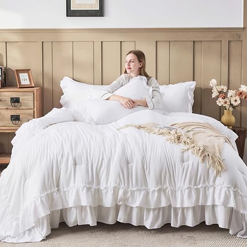 Andency White Twin Size Ruffle Comforter Set, 2 Pieces - Image 4