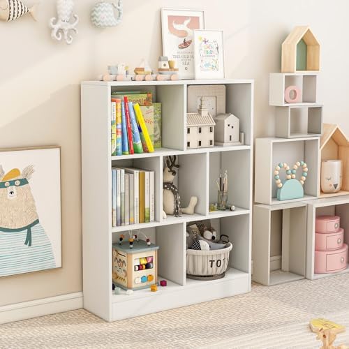 GIANTEX 7 Cube Bookcase, 4-Tier Freestanding Bookshelf w/ 7 Open Compartments - Image 7