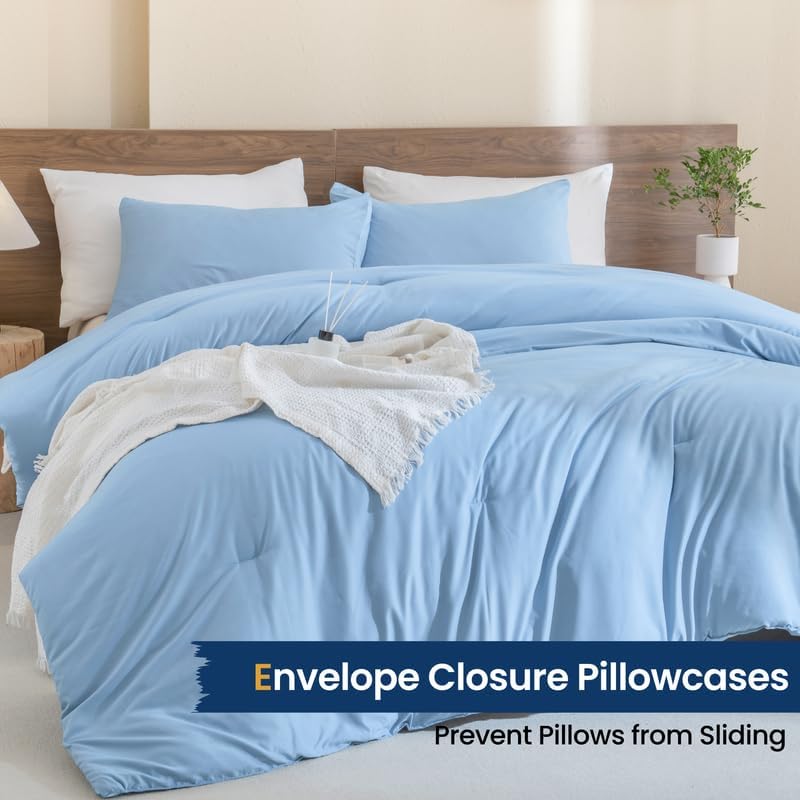 Paxrac Dusty Blue Full Comforter Set, 3 Pieces Lightweight Solid Bedding Set - Image 5