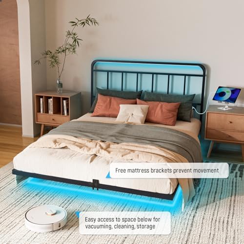 Floating Full Bed Frame with LED Lights & Charging Station & Accessories - Image 6