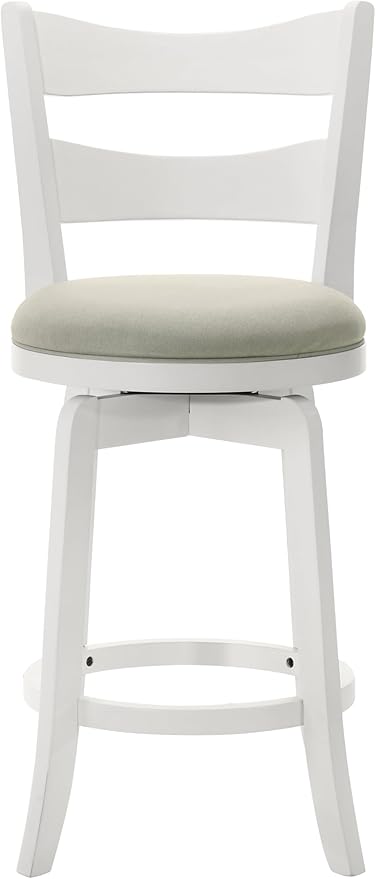 Armen Living Blair 30 in. Matte White Bar Height Rubberwood Swivel Barstool with Fog Fabric Seat - Set of 4