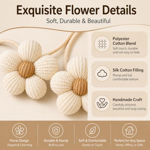 Flower Curtain Tiebacks 2 Pack, Adjustable No-Drill Rope Ties - Image 4