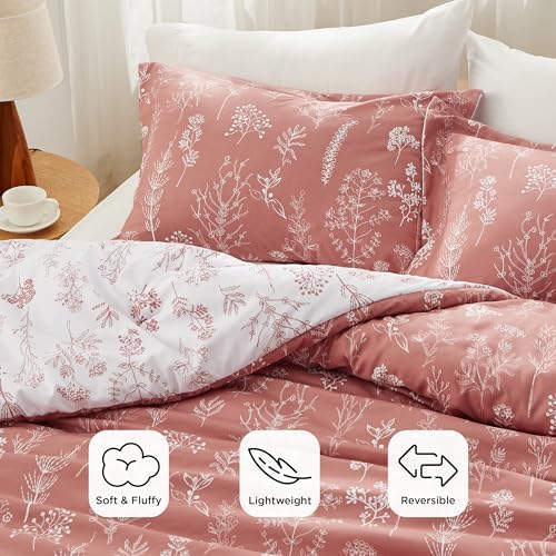 Bedsure Floral Comforter Set Cute Bedding Set Queen Reversible Pink Clay - Image 3