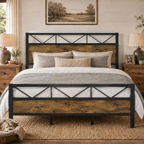King Size Metal Bed Frame with 51.2'' Headboard, Rustic Brown by IMMERSTABLE