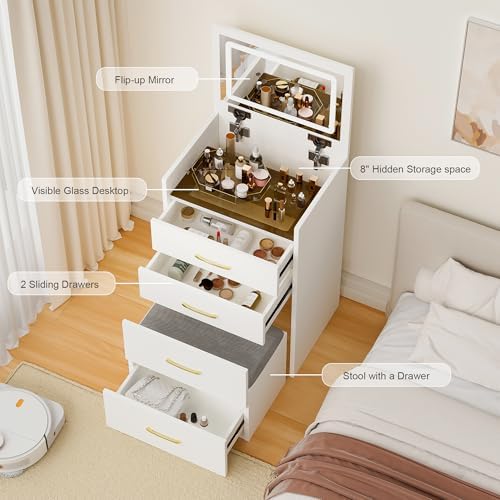 3 in 1 Vanity Desk with Plip Top Mirror and Lights, Small Make Up Vanity Set - Image 7