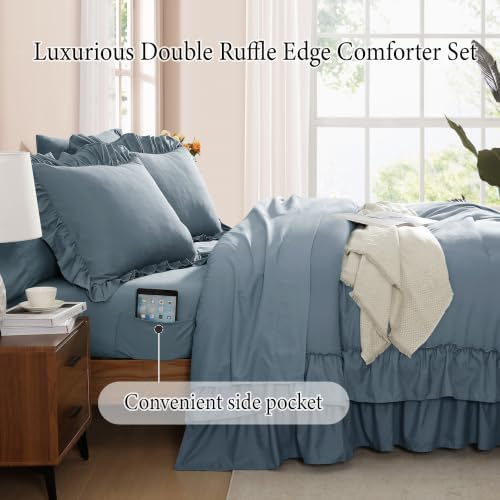 Full Size Comforter Set Flint Blue Ruffle 7 Pieces Bed in a Bag - Image 4