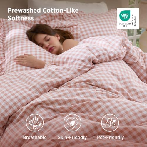 Bedsure Gingham Ruffle Duvet Cover Set, Queen Cotton-Like Quilt Cover - Image 3