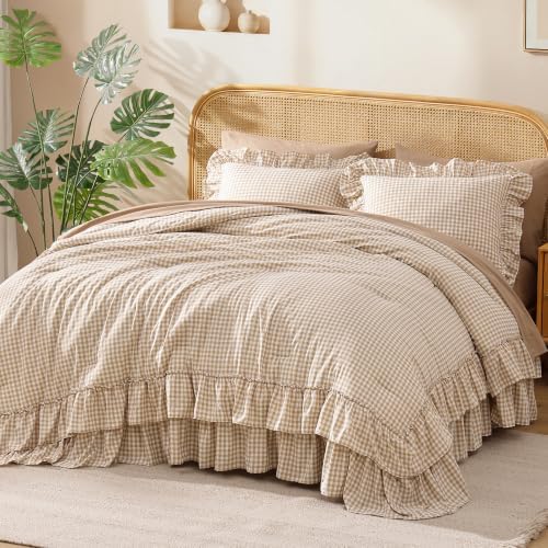 Queen Comforter Set Gingham Ruffle Tan 7 Pieces Bed in a Bag - Image 2