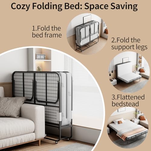 Folding Bed with 5" Memory Mattress, Roll Away Foldable Beds on Wheels - Image 4