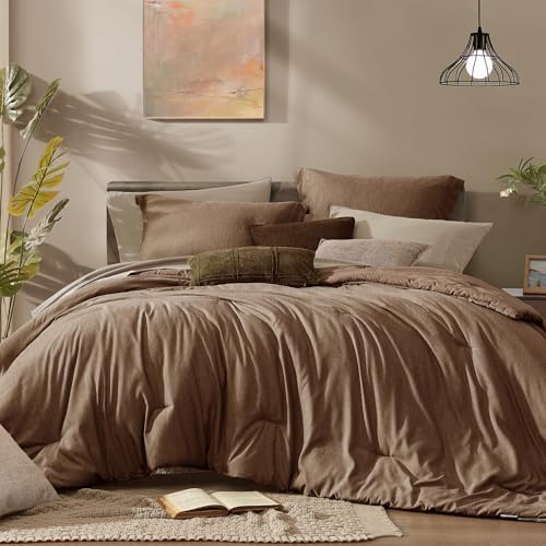 Monbix Queen Comforter Set 7 Pieces Brown Cationic Dyeing Bed in a Bag by Monbix