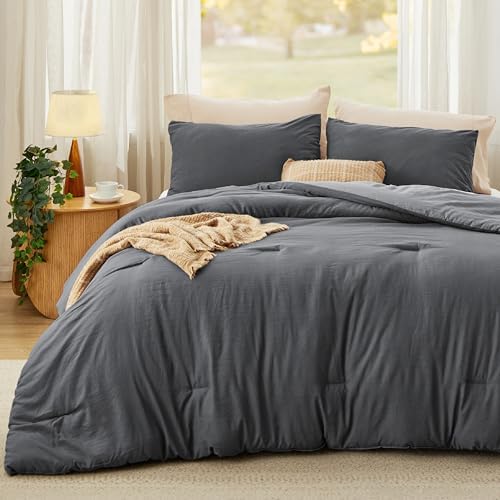 Bedsure California King Comforter Prewashed 3Pcs Dark Gray/Gray 104"x96" by BEDSURE