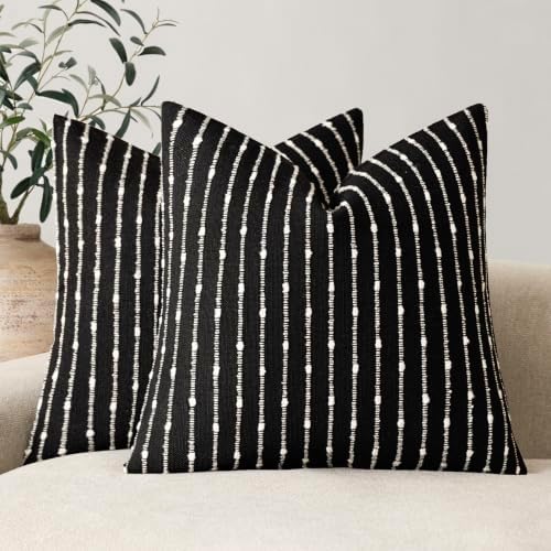 Foindtower Decorative Striped Boucle Throw Pillow Covers 20x20 Inch Black by Foindtower
