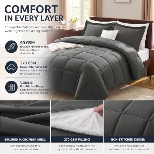 CozyLux Oversized Queen Comforter Set, 3-Piece Box-Stitched, Dark Grey - Image 3