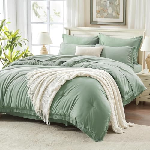 Andency Oversized Queen Comforter Set, 7 Pieces Sage Green Bedding by Andency