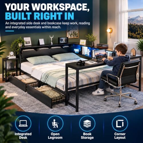 Twin Corner Bed Frame with Desk, Bookcase and 2 Storage Drawers - Image 4